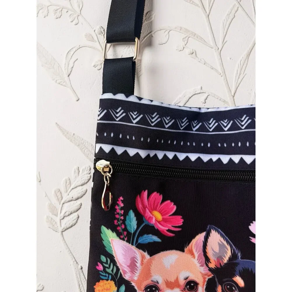 Chihuahua Crossbody Bag Black Floral Dog Purse Adjustable Strap Zipper Pocket